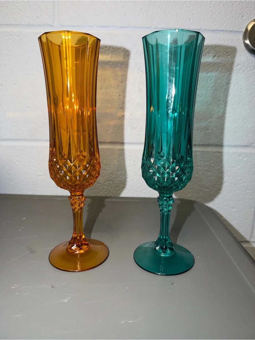 Colored Crystal Flute Glasses - Amber and Teal Set